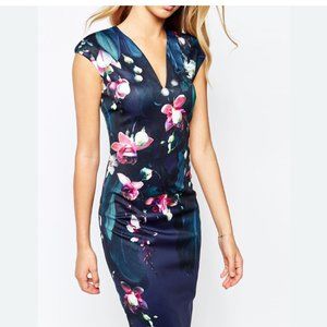 Ted Baker Antonya Floral Midi Dress Dark Blue Floral size 4